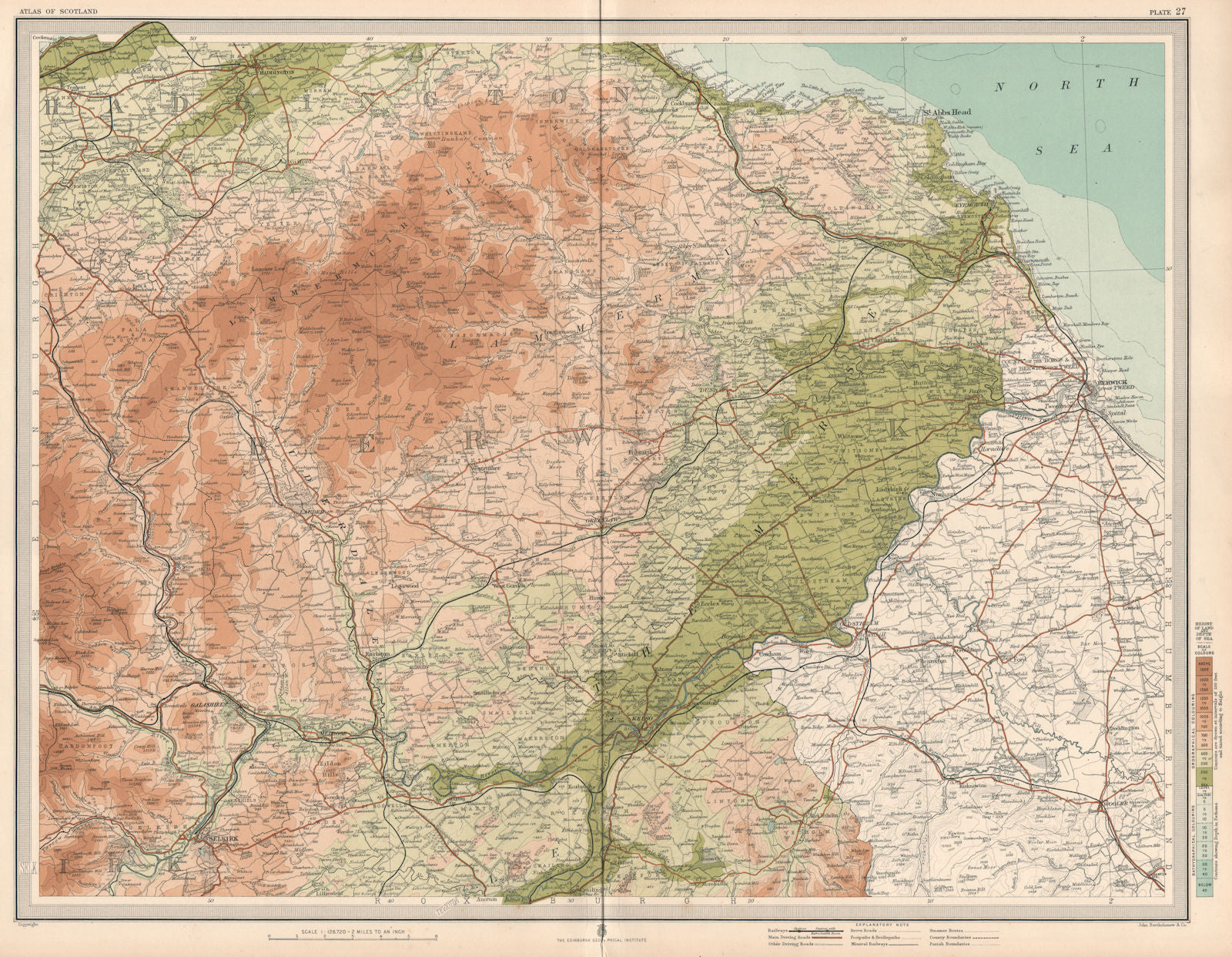 BERWICKSHIRE Lammermiur Hills Haddingtonshire Kelso Tweed Merse. LARGE 1912 map